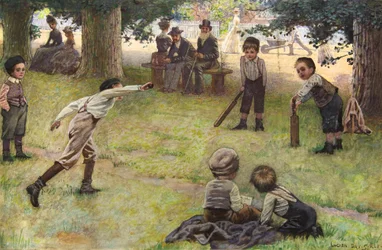 Jungen spielen Cricket (Aquarell)