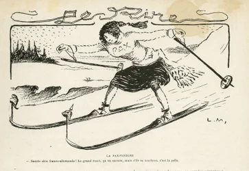 Illustration in Le Rire, 24/02/12 - La pax-tineuse - Deutschland Preußen, Sport, Frieden, Ski, Schnee, deutsch-französische Beziehungen, Erster Weltkrieg - Marianne - Sport, Allegorie (Gravur)