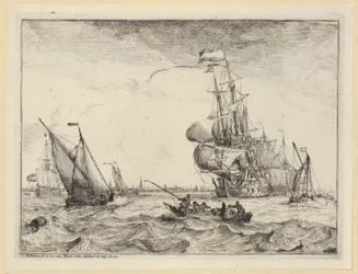 Eine Barke und mehrere Segelschiffe auf stürmischer See vor Amsterdam, Blatt 4 der Folge „Seestücke mit Ansichten des IJ, Amsterdam, Rotterdam und Katwijk“ (Hollstein Nr. 1-10)