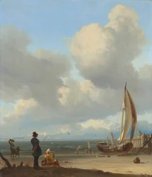 Zeegezicht met figuren bij een vissersboot op het strand