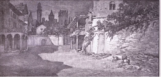 Ein offener Platz neben Capulets Garten, Illustration aus Romeo und Julia