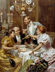 Schöne Zeit: „Das feine Abendessen“ Zwei Paare in einer privaten Lounge trinken Champagner. Illustration von Ludovico Marchetti (1853-1909) 1893 Private Sammlung
