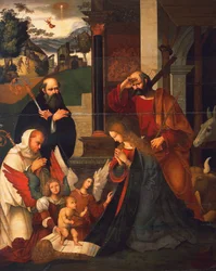 Geburt Christi mit St. Bernhard und St. Alberico, ca. 1505-1510, von Ludovico Mazzolino (ca. 1480-ca. 1530)