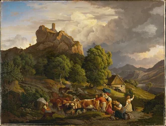 Weide mit Herde und Burgruine