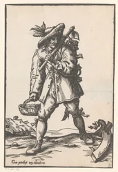 Bauer mit Hacke, Korb und Huhn