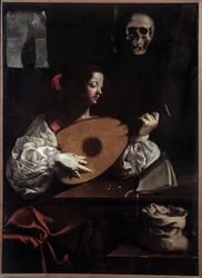 Lautenspieler. Gemälde (Vanitas) von Luigi Miradori (17. Jahrhundert)