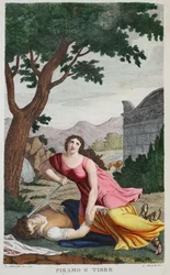 Pyramus und Thisbe, Buch IV, Illustration aus Ovids Metamorphosen, Florenz, 1832