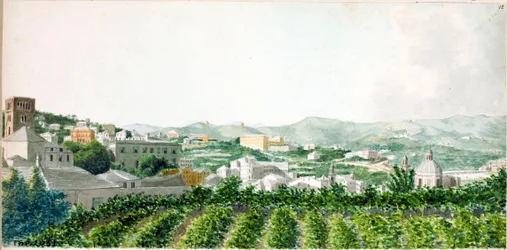 Ansicht über die Stadt Genua mit dem Glockenturm von Santo Stefano