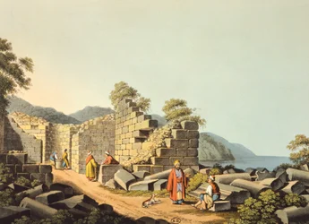 Griechenland, Insel Samos, Ruinen eines antiken Tempels, von Luigi Mayer, Gravur