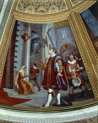 Galileo Galilei beobachtet die Schwingung der hängenden Lampe