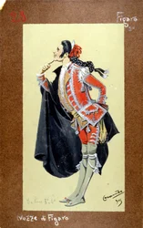 Darstellung der Figur des Figaro, „Die Hochzeit des Figaro“ von Wolfgang Amadeus Mozart, 1786. Kostüm von Luigi Sapelli Caramba (1865-1936)