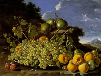 Stillleben mit einem Teller voller Trauben, Pfirsiche, Birnen und Pflaumen in einer Landschaft, um 1771