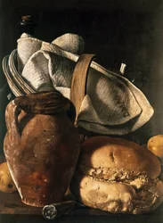 Stillleben mit Geschirrtuch, Krug und Brot