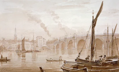 Ansicht der Blackfriars Bridge vom Surrey-Ufer, mit Booten im Vordergrund, London