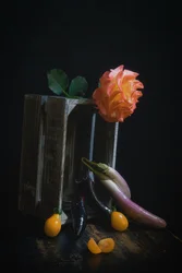 Stillleben mit Rose und Feldfrüchten