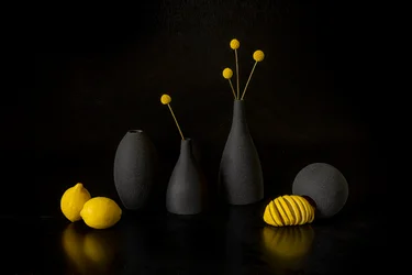 Gelbe Zitronen, schwarze Vasen