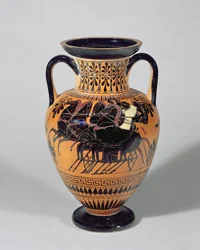 Attische schwarzfigurige Amphora, die einen Wagen zeigt, 520-500 v. Chr. (Ton)