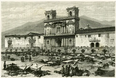 Die Kathedrale von Quito und die Volksunterhaltung auf ihrem Platz. Gravur von Clerget und Ferdinandus, zur Illustration der Geschichte „Equinoxiale America“