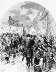 Unruhen in Irland - Ein katholischer Priester wird von der Polizei in Mullingar verhaftet und von den Menschen gerettet, aus Le Monde Illustré, 25. Juni 1881