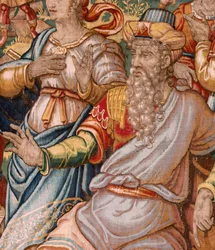Diözesanmuseum. Flämischer Wandteppich. Brüssel. Atelier François Geubels. Serie Geschichte von Gideon. Joash wird informiert, dass Gideon den Altar des Baal zerstört hat. Seide und Wolle. Vermächtnis