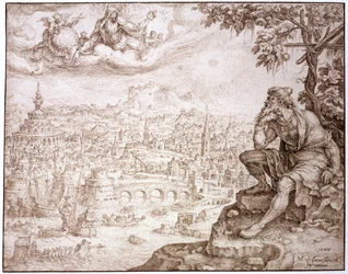 Jona sitzt unter der Kürbispflanze und betrachtet die Stadt Ninive, 1566