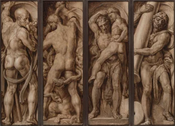 Saturn verschlingt ein Kind; Herkules erschlägt die Hydra; Herkules hebt Antäus empor; Herkules errichtet die Säulen von Calpe und Abyla