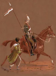 Reiter der 9. Lancers reitet, mit einem afghanischen Soldaten, der neben seinem Pferd läuft
