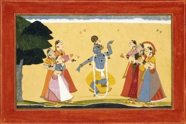 Krishna tanzt vor den Kuhmädchen, die in die Hände klatschen, ca. 1730-1735