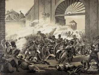 Espana. Guerra de Independecia (1808). Zweiter Mai in Madrid. Tod von Luis Daoiz bei der Verteidigung des Monteleon-Parks. Gravur nach einem Gemälde von Manuel Castellano. Lithografie.