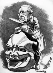 Eugène Labiche (1815-1888), französischer Dramatiker. Karikatur von Manuel Luque. In „Die Karikatur“ von 1886.