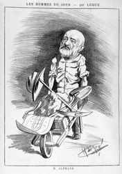 Transformationen von Paris unter dem Zweiten Kaiserreich, Haussmann-Paris: Humoristische Zeichnung, die Jean Charles Adolphe Alphand (1817-1891), Ingenieur, darstellt. Er nahm an der Renovierung von Paris unter der Leitung von Baron Haussmann zwischen 1852