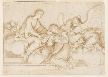 Entwurf für ein monochromes Wandgemälde, Kirche Corpus Domini, Bologna, Italien, St. Caterina Vigri empfängt das Kind von der Jungfrau