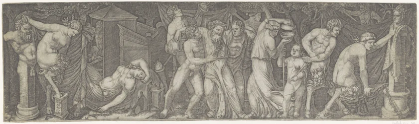 Bacchanal mit betrunkenem Bacchus und Satyrn und Mänaden