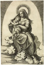 Jungfrau und Kind auf Wolken sitzend