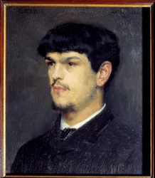 Porträt des französischen Komponisten Claude Debussy (1862-1918). Gemälde mit schwarzem Stein und Pastell von Marcel André Baschet (1862-1941) 1884 Paris, Musée d
