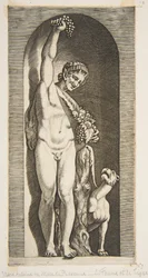 Ein Faun, der in einer Nische steht und eine Traube hochhält
