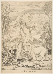 Tapferkeit im Profil, die nach links zu einem Feuer geht und einen angeleinten Löwen führt, ca. 1515-27