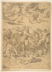 Galatea reitet in einer Muschel, gezogen von Delfinen, ein Amor darunter, ca. 1515-27