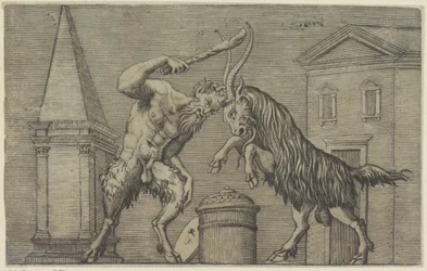 Satyr und Widder im Kampf Antike Reliefs