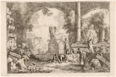 Capriccio antiker Ruinen mit Männern, die einen klassischen Redner betrachten