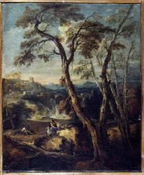 Landschaft: Caprice. Gemälde von Marco Ricci (1676-1730), Accademia Carrara, Bergamo Italien
