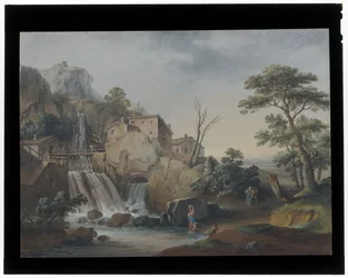 Landschaft mit Wasserfall und Hütten