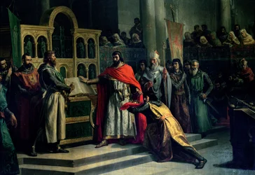 Der Eid von Santa Gadea, El Cid Campeador (ca. 1043-99) nimmt Alfonso VI. (ca. 1040-1109), den König von Kastilien, den Eid ab, dass er im Jahr 1072 nicht an der Ermordung seines Bruders Sancho II. (ca. 1083-1072) beteiligt war