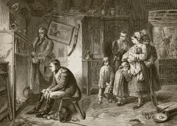 Napoleon sucht nach seiner Niederlage bei Waterloo Ruhe in einem Straßenhaus, graviert von J.D. Cooper