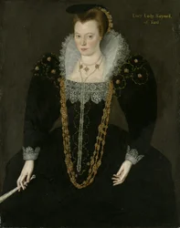 Porträt von Lucy, Lady Reynell of Ford, dreiviertellang, in einem dunklen Kleid mit weißem Spitzenkragen und goldenen und Perlenketten, einen Fächer in der rechten Hand haltend, mit identifizierender Inschrift