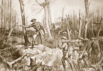 Hauptmann (vorübergehender Oberstleutnant) R.B. Barker organisiert die Verteidigung eines Waldes