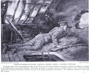 Company Sergeant Major Barwick schießt aus einer zerstörten Hütte in Ghehuvelt im Oktober 1914