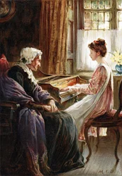 Ihr Abendhymnus. Chromolithographie nach einem Gemälde der englischen Künstlerin Margaret Isabel Dicksee (1858-1903), veröffentlicht 1892. Ein junges Mädchen spielt Tastenmusik (Cembalo?) für ihre betagte Großmutter.