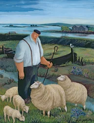 Hirte mit Schafen in Flusslandschaft