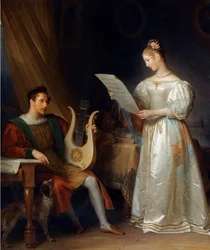 Ein Mann, der eine Lyra hält, und eine Frau mit einer Partitur in einem Innenraum